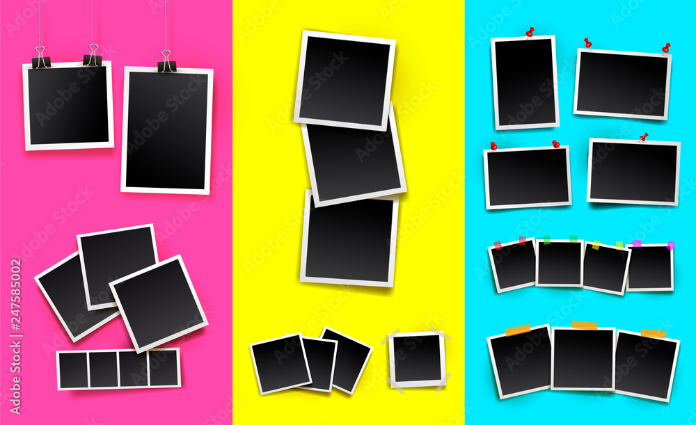 Poster set of photo frames. realistic detailed photo icon design template. vector isolated on colorful back