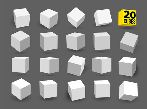 Set of white 3D cubes pack isolated on white background. Different light, perspective and angle. Vector illustration. Isolated on gray background.