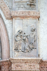 Visitation of the Virgin Mary by Giacomo Scilla, left door of San Petronio Basilica in Bologna, Italy