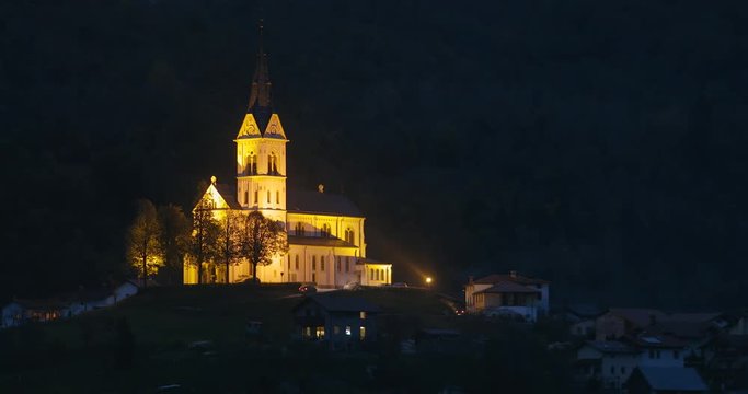 Church of the Sacred Heart of Jesus and village of Dreznica near Kobarid, Slovenia