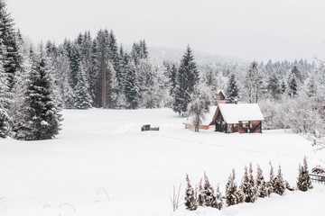rural mountain house at winter. 