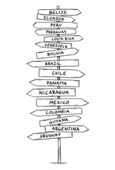 Artistic drawing of old wooden directional road arrow sign with names of some countries of Latin, South or Middle America. Mexico, Bolivia, Venezuela, Brazil, Argentina and more.