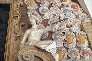 BOLOGNA, ITALY - JUNE 04: External atrium of Archiginnasio, on June 04, 2015