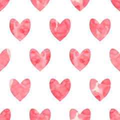 Valentine's Day seamless pattern. Red watercolor hearts on a white background. Handmade, grunge texture. Vector illustration.