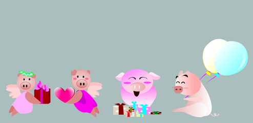 Cute cartoon character for Valentine Day on isolated background.Year of pig.