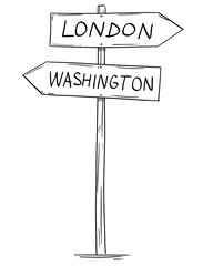 Artistic drawing of old wooden two directional road arrow sign with city London and Washington texts.