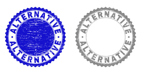 Grunge ALTERNATIVE stamp seals isolated on a white background. Rosette seals with grunge texture in blue and grey colors. Vector rubber overlay of ALTERNATIVE text inside round rosette.