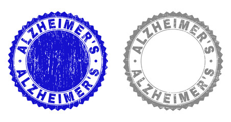 Grunge ALZHEIMER'S stamp seals isolated on a white background. Rosette seals with grunge texture in blue and grey colors. Vector rubber imprint of ALZHEIMER'S title inside round rosette.