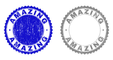 Obraz premium Grunge AMAZING stamp seals isolated on a white background. Rosette seals with grunge texture in blue and grey colors. Vector rubber imprint of AMAZING tag inside round rosette.