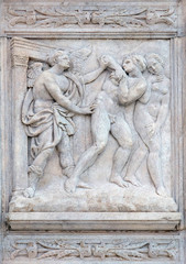 Expulsion from Paradise, Genesis relief on portal of Saint Petronius Basilica in Bologna, Italy