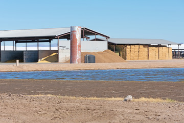 Buildings at a ranch with water basin in the foreground