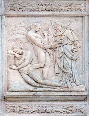 Fototapeta na wymiar Creation of Eve, Genesis relief on portal of Saint Petronius Basilica in Bologna, Italy