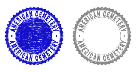 Grunge AMERICAN CEMETERY stamp seals isolated on a white background. Rosette seals with grunge texture in blue and grey colors. Vector rubber imitation of AMERICAN CEMETERY title inside round rosette.