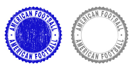 Grunge AMERICAN FOOTBALL stamp seals isolated on a white background. Rosette seals with grunge texture in blue and grey colors. Vector rubber imprint of AMERICAN FOOTBALL title inside round rosette.