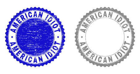 Grunge AMERICAN IDIOT stamp seals isolated on a white background. Rosette seals with grunge texture in blue and gray colors. Vector rubber watermark of AMERICAN IDIOT tag inside round rosette.