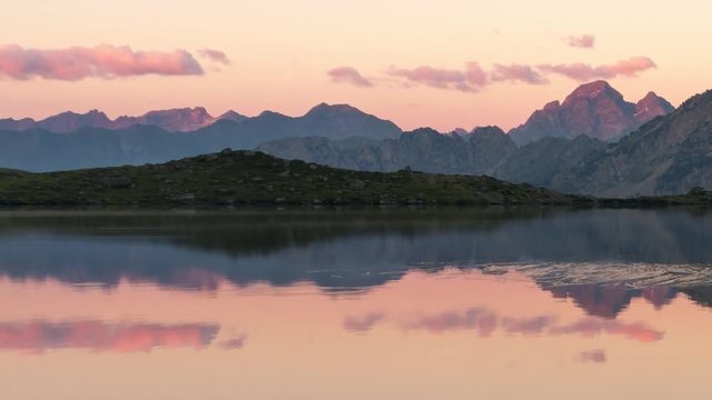 Sunset at Lac Gentau, French Pyrenees. Alpenglow in the Midi d&not;&yen;Ossau peak.