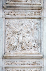 The Noah exits the ark, relief on portal of Saint Petronius Basilica in Bologna, Italy
