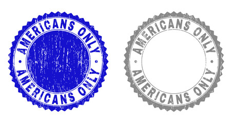 Grunge AMERICANS ONLY stamp seals isolated on a white background. Rosette seals with grunge texture in blue and grey colors. Vector rubber imprint of AMERICANS ONLY caption inside round rosette.