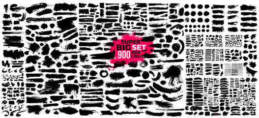 Super Big Collection of black paint, ink brush strokes, brushes, lines. Dirty artistic design elements. Vector illustration. Isolated on white background.