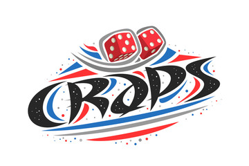 Vector logo for Craps game, creative illustration of throwing two red dice cubes, original decorative brush typeface for word craps, simplistic abstract gambling banner with lines and dots on white.