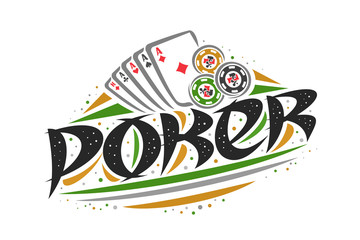 Vector logo for Poker game, creative illustration of four aces of different suits, original decorative brush typeface for word poker, abstract simplistic gambling banner with lines and dots on white.