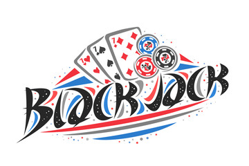Vector logo for Blackjack, creative illustration of three sevens of different suits, original decorative brush typeface for word blackjack, simplistic gambling banner with lines and dots on white.