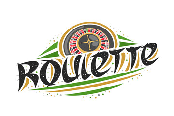Vector logo for Roulette, creative illustration of european roulette wheel, original decorative brush typeface for word roulette, simplistic abstract gambling banner with lines and dots on white.
