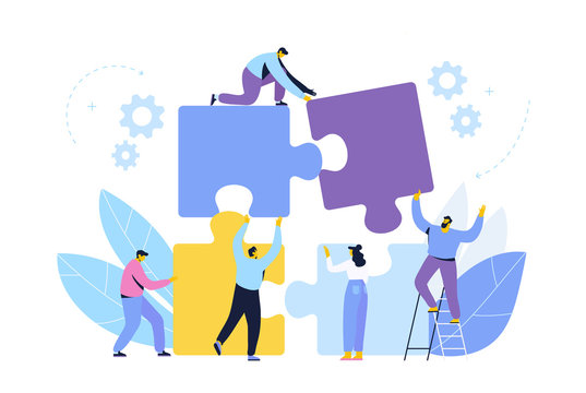 People connecting puzzle elements. Business concept. Partnership. Team working, cooperation.Vector illustration in flat design style.