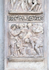 The finding of the cup in Benjamin's sack by Gerolamo da Treviso, right door of San Petronio Basilica in Bologna, Italy