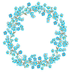 A wreath of forget-me-not flowers, watercolor sketch on a white background for spring and summer floral romantic design.