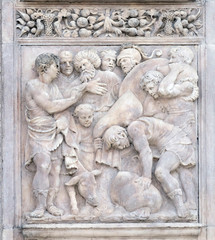The finding of the cup in Benjamin's sack by Gerolamo da Treviso, right door of San Petronio Basilica in Bologna, Italy