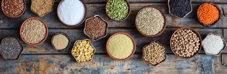 Cereals, grains, beans and seeds. Gluten-free concept. Healthy food. Top view. Copy space.