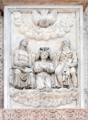 The Coronation of the Virgin by Giacomo Scilla, right door of San Petronio Basilica in Bologna, Italy