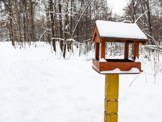 wooden bird feeder on pole in city park in winter