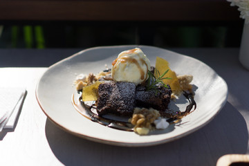 sweet dessert, brownie chocolate and ice cream
