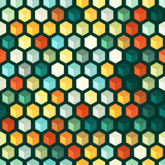 Isometric cubes. Hexagones background. Multicolor boxes. Seamless pattern.