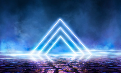  Wet asphalt, neon light reflected on a wet surface, arch, light triangle, pyramid abstract light, smoke, smog. Night background, night city