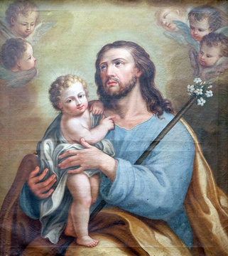 Saint Joseph Holding Baby Jesus, Altarpiece In San Petronio Basilica In Bologna, Italy