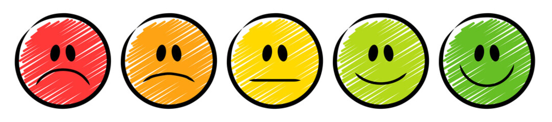 5 farbige Ampel-Smileys mit einer Emotions-Skala von traurig bis lächelnd / Schraffierte Vektor-Zeichnung - 247593605