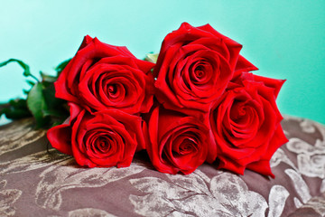 Bunch of Dark Red Roses on Pillow. Close Up View.