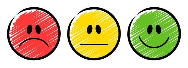 3 Ampel-Smileys in rot, gelb und grün – traurig, neutral und lächelnd / Schraffierte Vektor-Zeichnung - 247593688