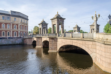 Fontanka river embankment with the Starokalinkin bridge in Saint Petersburg, Russa