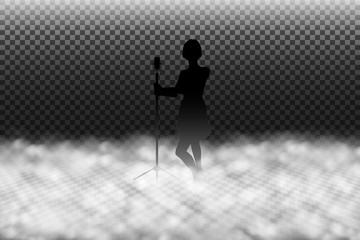 Fog machine effect vector illustration, scenic smoke or stage fog realistic special effect isolated on transparency background, women singer silhouette on a fogged stage