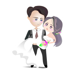  Wedding clipart . Illustration groom and bride. Cartoon character man in back suit and woman in white bridal gown for invitation card template.