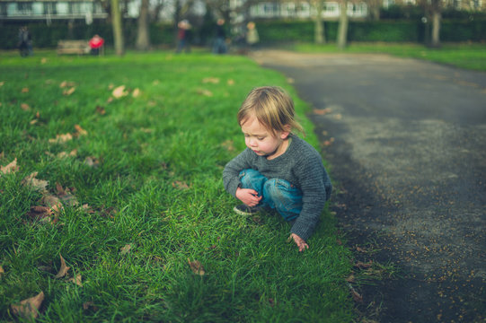 Little toddler on the grass in a park