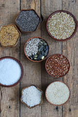 Cereals, grains, beans and seeds. Gluten-free concept. Healthy food. Top view. Copy space.