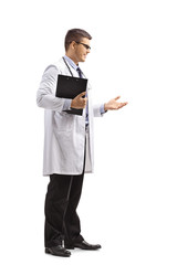 Young male doctor in a lab coat standing and gesturing a conversation