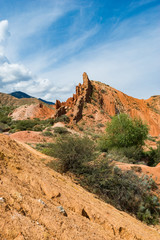 Fototapeta na wymiar Colorful rock formations in Fairy tale canyon located on southern shore of Issyk-Kul lake, Kyrgyzstan