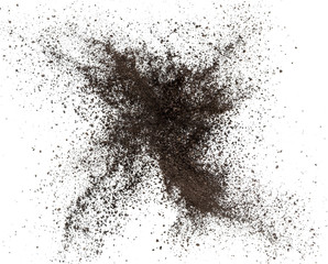 Dry soil splash or explosion flying in the air on white background,Stop motion