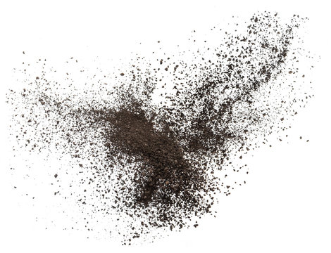 Dry soil splash or explosion flying in the air on white background,Stop motion